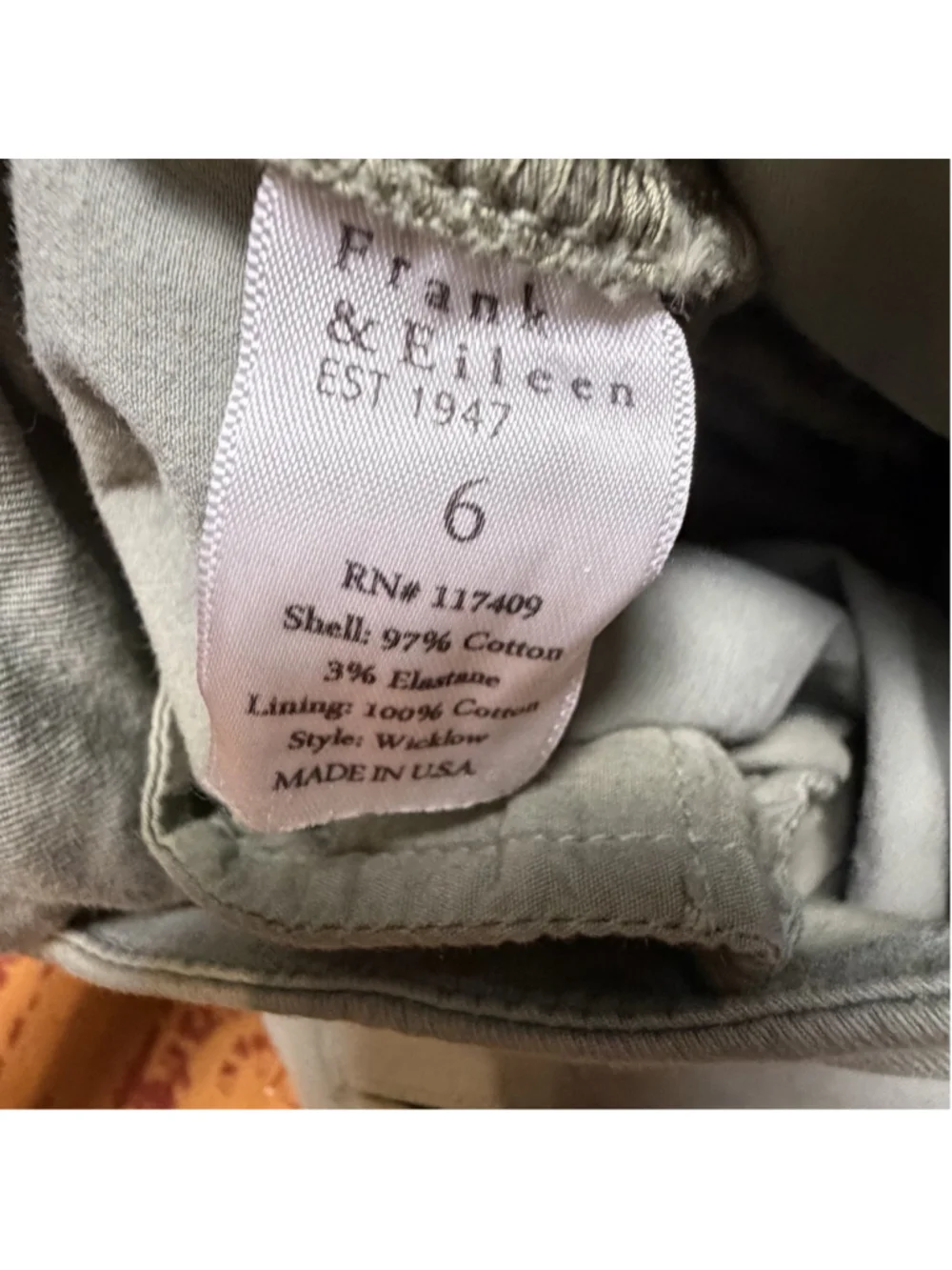 Frank & Eileen Wicklow Italian Performance Twill Chino Sage Green Size 6 NEW